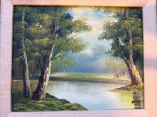 Painting of trees and grass on both sides of a pond.