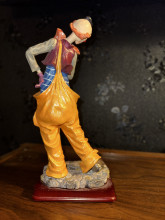 Melancholy Clown Figurine on Wood Base – Hand Painted Decorative Art Sculpture
