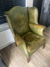 Vintage Green Leather Wingback Chair