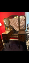 Antique vanity with tri fold mirrors